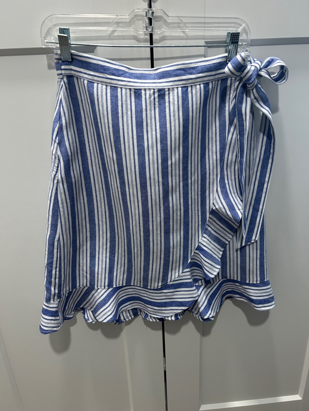LOFT Blue and White Striped Wrap Mini Skirt with Side Tie